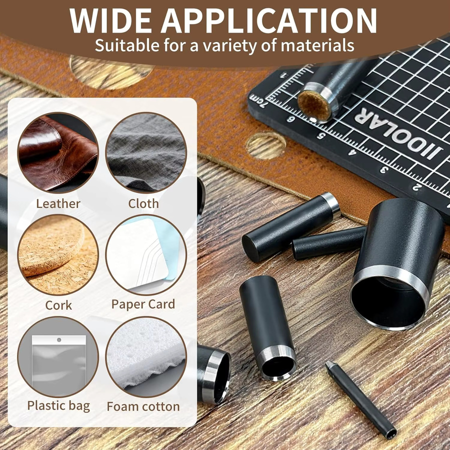 15-teiliges Lochstanz-Set aus Metall in Schwarz für Leder und DIY-Handwerk mit Lochstanzer und Schneidern von 1 bis 15 mm - Bild 5
