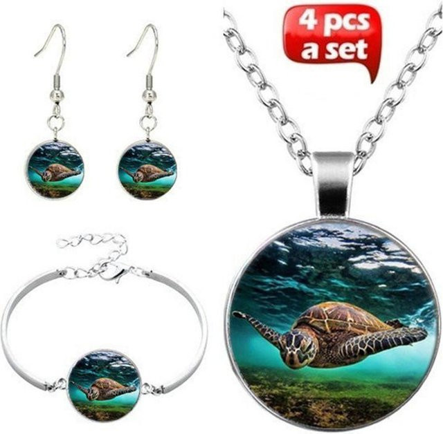 Halskette mit Anhänger Schildkröte, Kupfer, grün, Damen, Dreiteiliges Set - Bild 1