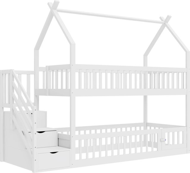Merax Kinderhochbett aus Massivholz mit Hausdach, Treppe und Schubladen, Weiß/Grau, B/T/H: 200 x 90 x 175 cm - Bild 1