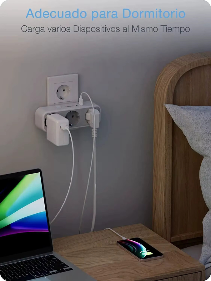 TESSAN USB-Wandsteckdosenverlängerung mit 3 AC-Steckdosen und 2 USB-Anschlüssen in Weiß mit Überlastschutzschalter und EU-Stecker - Bild 3