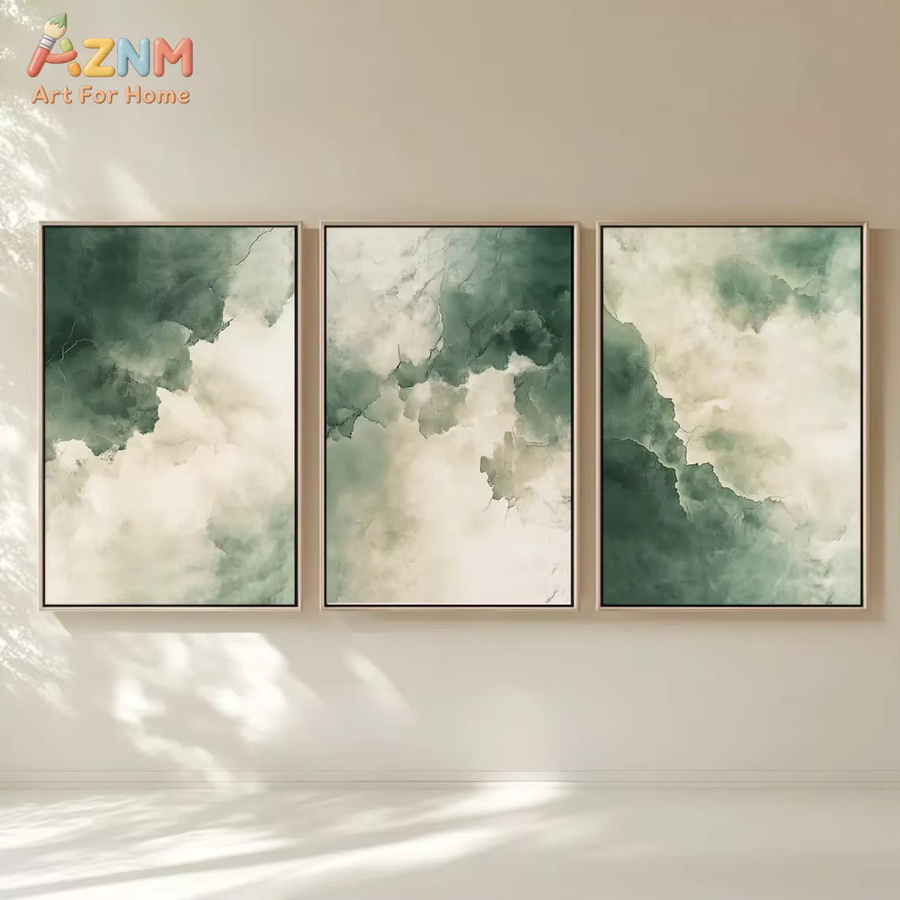 AZNM Leinwanddruck Sage Green Aquarell-Abstrakt mit Wolken-Motiv, minimalistische Boho-Wandkunst für dein Wohnzimmer - Bild 2