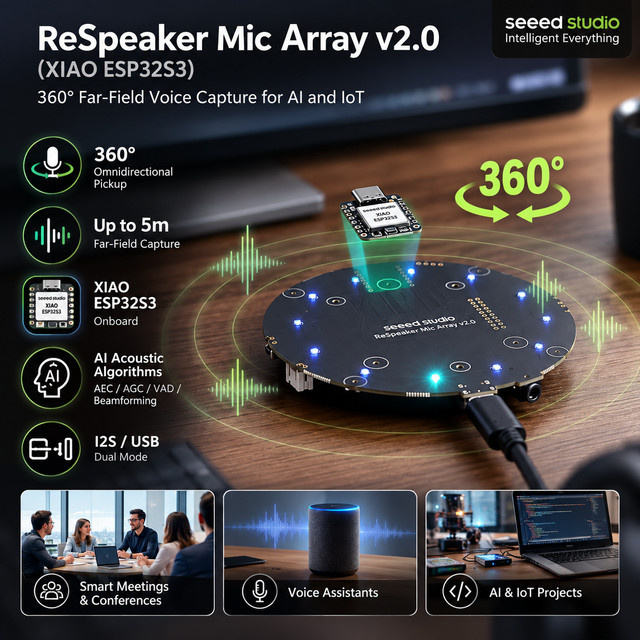 Seeed Studio ReSpeaker Mikrofon-Array mit 4 Mikrofonen, XIAO ESP32-S3, XMOS XVF3800, 360 Grad Fernfeld-Sprachaufnahme, I2S und USB-C, Schwarz - Bild 1