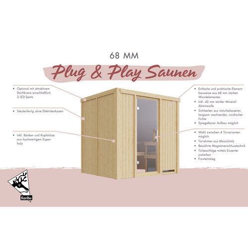 Karibu Sauna Olai aus Fichtenholz mit 3,6 kW Saunaofen und externer Steuerung für 3 Personen, beige - Bild 1