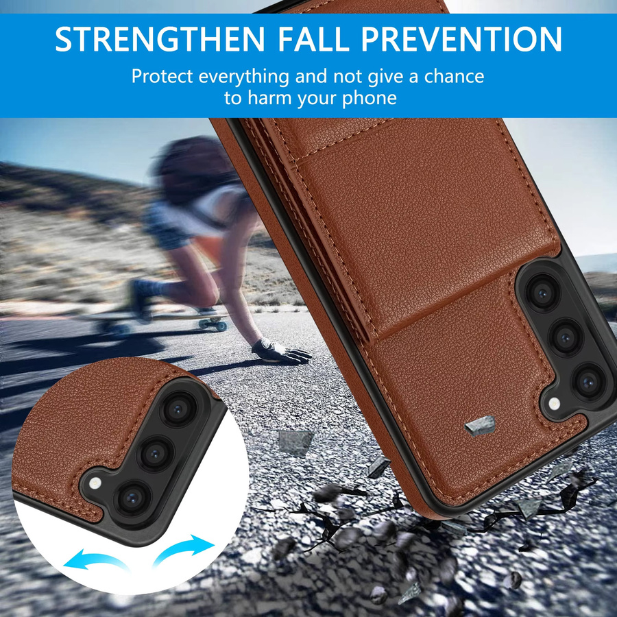 Vertikale Leder-Wallet-Tasche Solt für Samsung Galaxy S25 S24 Ultra S23 FE S22 S21 S20 Plus A54 A53 A14 A13 in Gold und Braun mit Kartenfach und Standfunktion - Bild 2