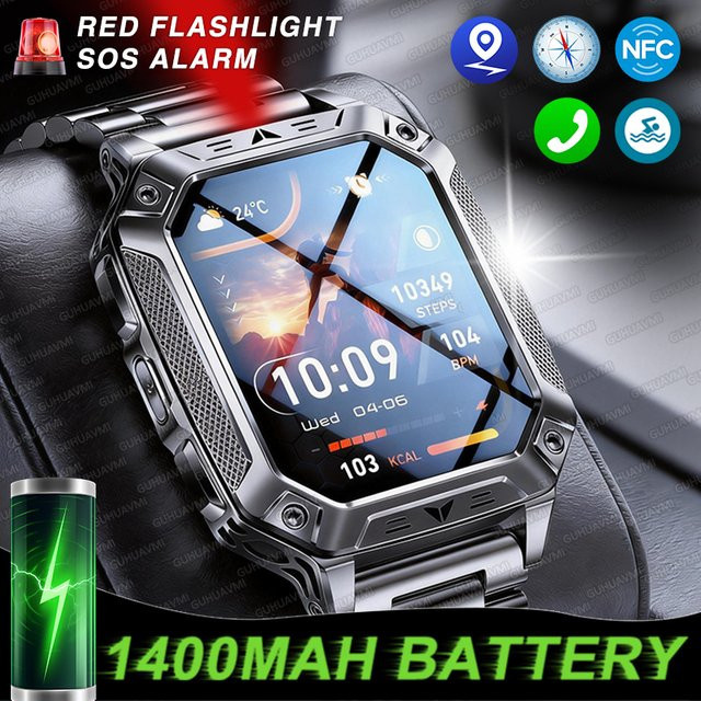 GUHUAVMI Militärische GPS-Smartwatch in Schwarz mit 1400 mAh Akku, 10 ATM wasserdicht und taktischer Sport-Taschenlampe für Herren - Bild 1