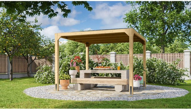 Karibu Fyrkant Pavillon Naturbelassen Braun mit Flachdach B/T: 320 x 320 cm, Höhe: 239 cm - Bild 1