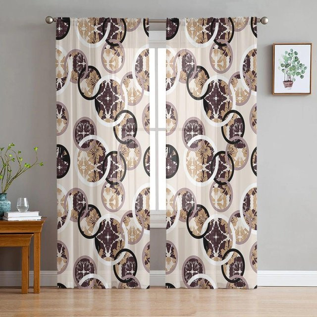 Handbemalte Khaki-Gardinen mit kreisförmigen Blättern und Blumen aus transparentem Tüll für dein Schlafzimmer, Breite: 135 cm, Höhe: 114 cm - Bild 1