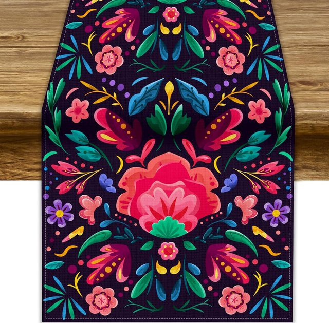 JMG Household Supplies Tischläufer aus Leinen mit mexikanischem Blumenmuster in Mehrfarbig, B/H: 150 x 33 cm - Bild 1
