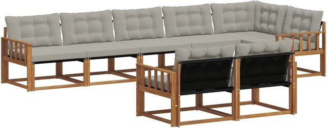 vidaXL Outdoor-Sofagarnitur 8-teilig aus Akazienholz mit Textilene und Kissen in Natur und Hellgrau - Bild 1