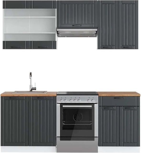 Vicco Fame-Line Küchenzeile Landhausstil in Anthrazit und Weiß mit Eiche-Optik, Breite: 200 cm - Bild 1