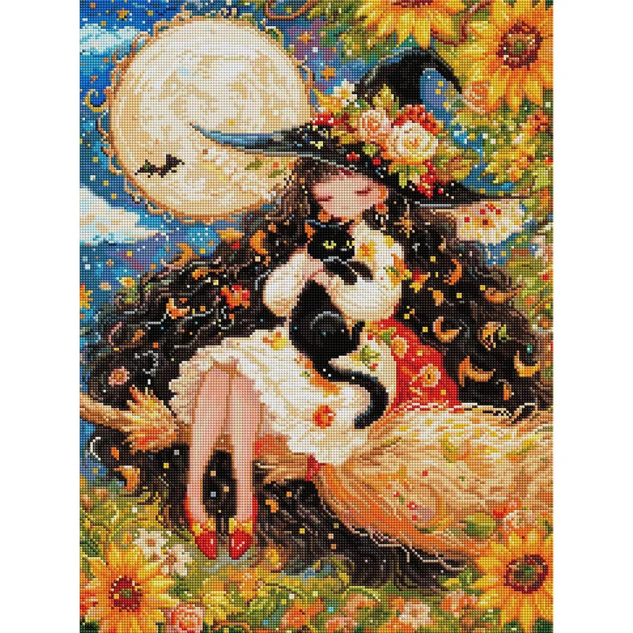 5D DIY Diamantmalerei-Set Hexe mit schwarzer Katze in Schwarz und Multicolour für Erwachsene, Kunst und Handwerk zur Heimdekoration, B/H: 30 x 20 cm - Bild 3