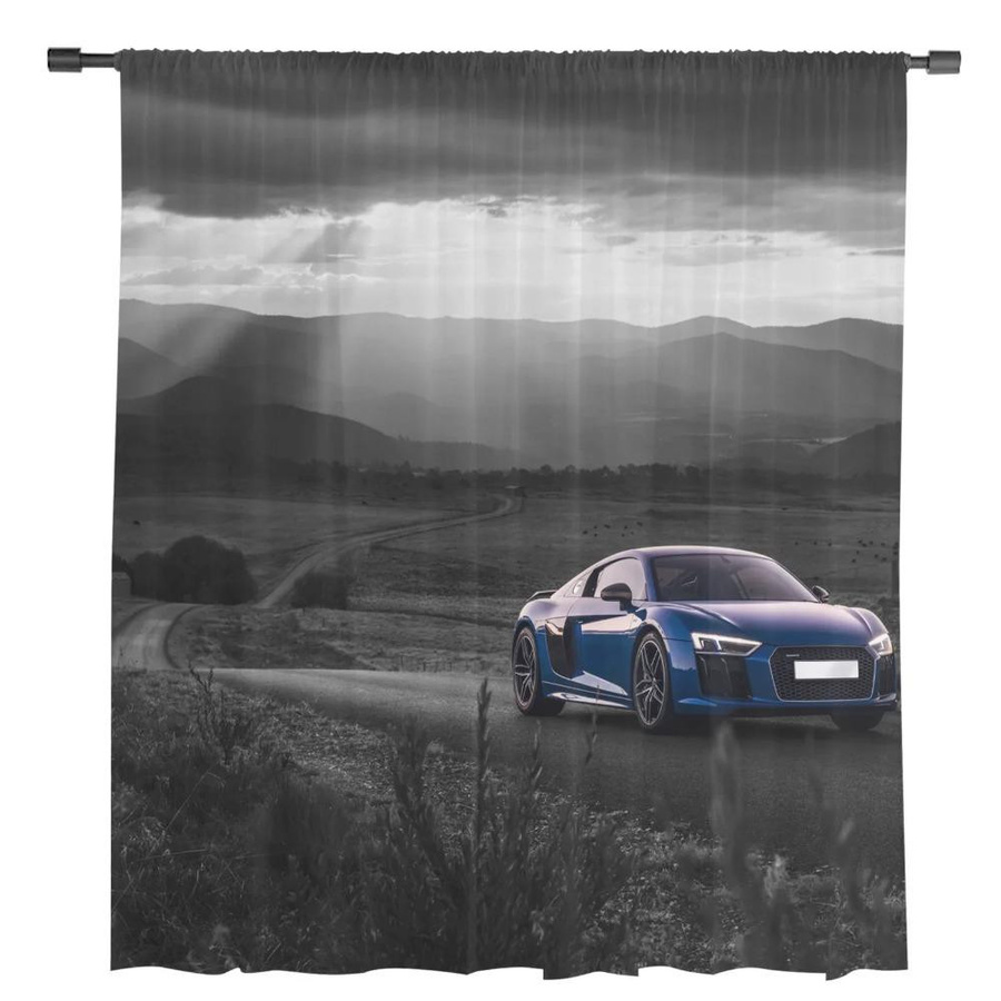 Yiran Furniture Tüllvorhang Rennwagen-Motiv in Blau, transparenter Voile-Vorhang mit Ösen, Breite: 135 cm, Höhe: 115 cm - Bild 2