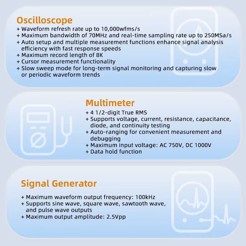 OWON 3-in-1 Handheld-Digitaloszilloskop mit 40 MHz oder 70 MHz, 250 Msa/s, 4,5-stelligem Multimeter und Wellenformgenerator in Blau - Bild 3