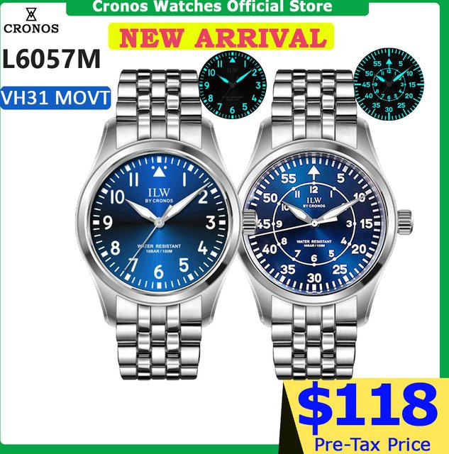 Cronos Pilot Flieger Herrenuhr, Quarz, Edelstahl, 39 mm, Saphirglas - Bild 1
