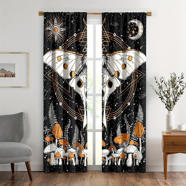 2er-Set Sonne und Mond Fenstergardinen in Gelb und Multicolour, semi-transparente Astrologie-Fensterdekoration mit Mondphasen-Motiv für Schlafzimmer, Breite: 210 cm, Höhe: 230 cm - Bild 1