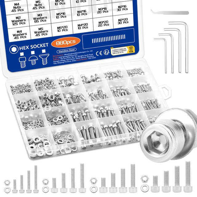 SANJODS 880-teiliges Metrisches Bolzensortiment aus Edelstahl mit Schrauben, Muttern und Unterlegscheiben in Silber, M2 bis M5, Länge 8 mm bis 20 mm - Bild 1