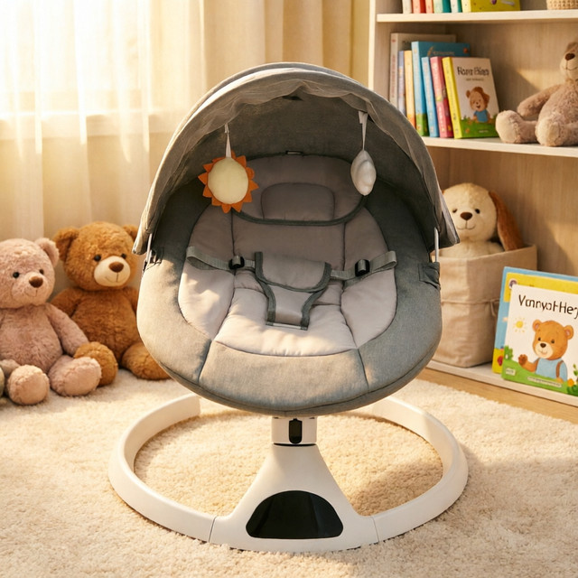 Elektrischer Baby-Schaukelstuhl in Grau mit Bluetooth-Schlafliedern und Moskitonetz, B/T: 72 x 48 cm - Bild 1