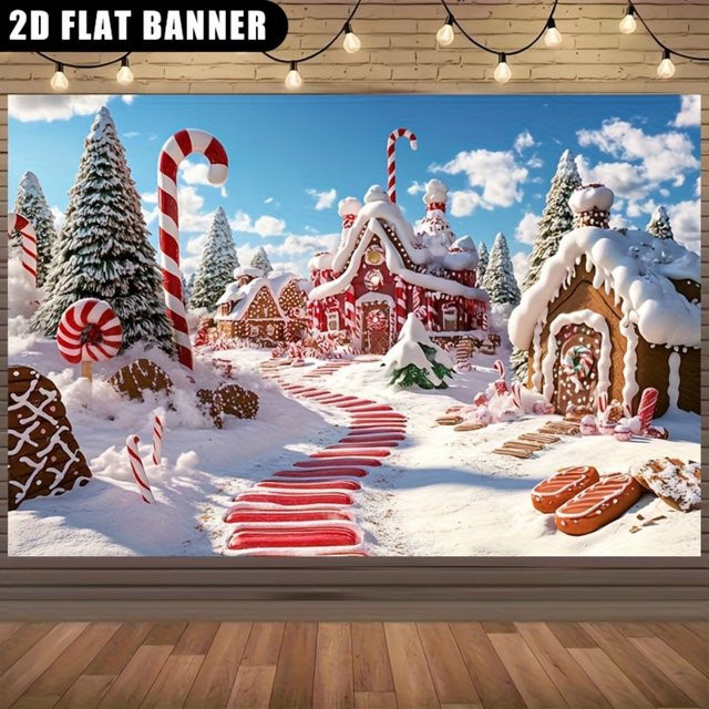 VIKAMA Weihnachts-Lebkuchenhaus Winterlandschaft als Dekoration und Fotohintergrund - Bild 1