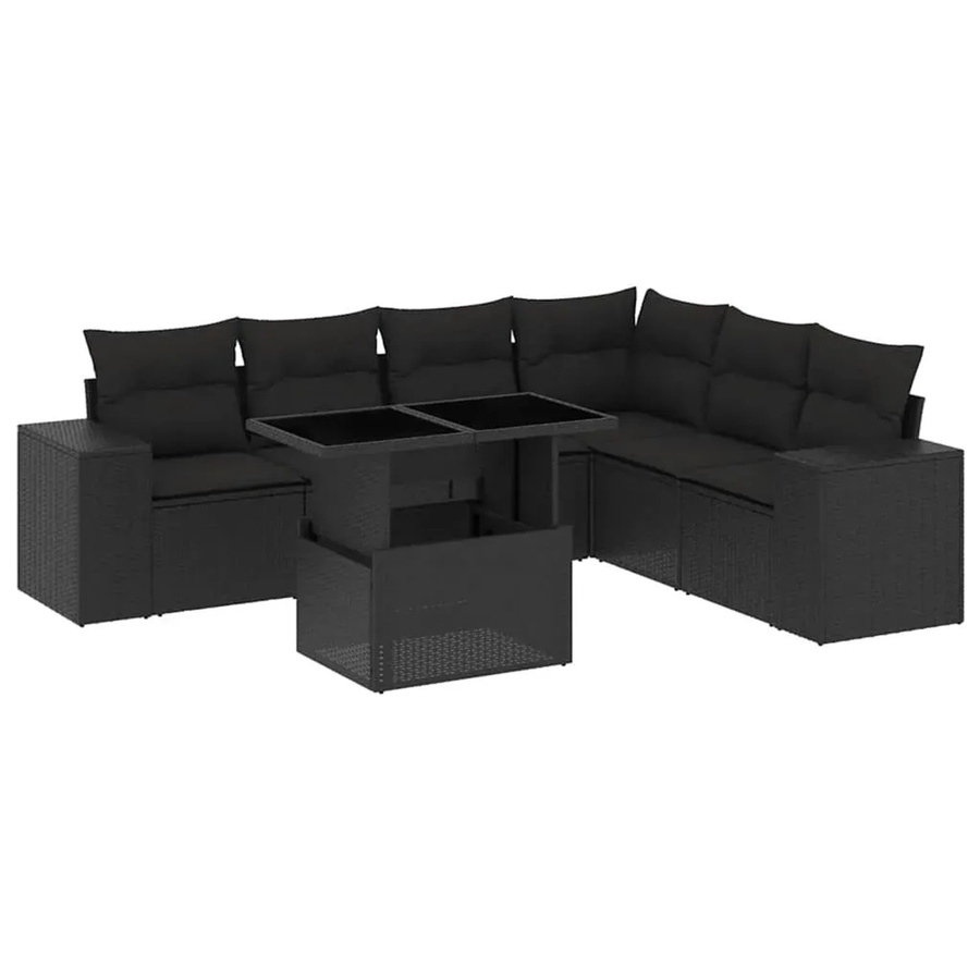 vidaXL 7-teilige Garten-Sofagarnitur in L-Form aus schwarzem Poly-Rattan mit Kissen und pulverbeschichtetem Stahlgestell - Bild 2