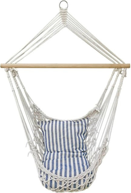 DELUKE Hängesessel ARLES mit Gestell aus Kastanie und Pappel, Blau-Weiß gestreift, inklusive Kissen für Indoor und Outdoor - Bild 1