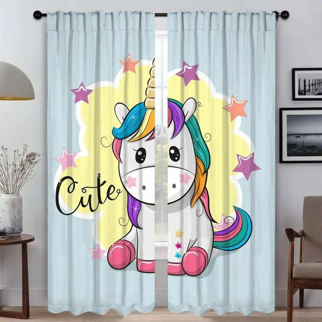 Elegante Tüll-Raumvorhänge mit Cartoon-Einhorn Motiv für Kinderzimmer und Wohnzimmer, 2er-Set, Mehrfarbig, Breite: 50 cm, Höhe: 70 cm - Bild 1