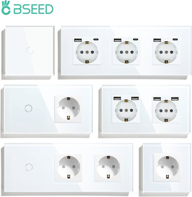 BSEED Touch-Lichtschalter und Wandsteckdose mit USB Typ-C und Kristallglasscheibe in Weiß - Bild 1