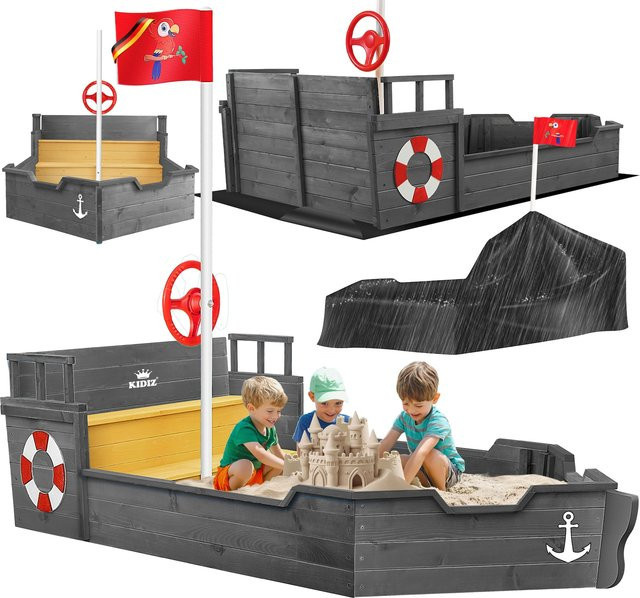 KIDIZ Sandkasten Ahoi Piratenschiff aus Holz inklusive Abdeckung, Bodenplane, Sitzbank und Sandspielzeug - Bild 1