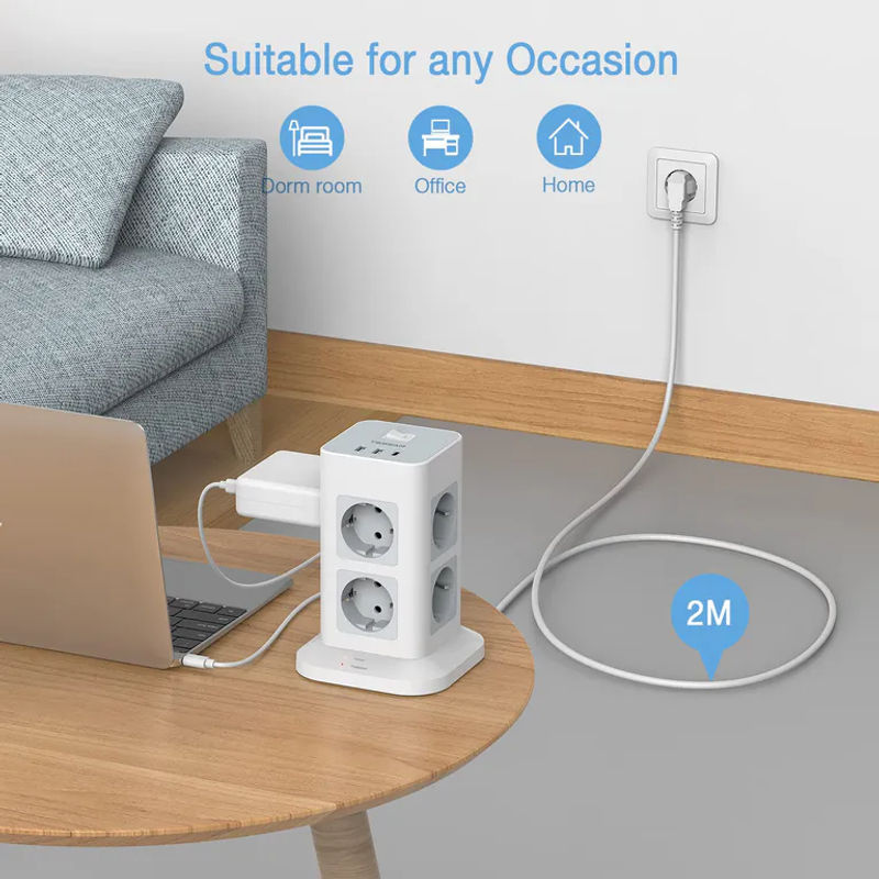 TESSAN Tower 8-Wege-Steckdosenleiste mit Überspannungsschutz, vertikale Mehrfachsteckdose in Grau mit 2 m Kabel, 8 Steckplätze, 2 USB-A und 1 USB-C Anschlüssen - Bild 3