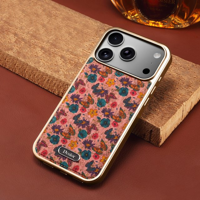 Denior Magnetische Kabellose Ladehülle mit Kork Blumenmuster für iPhone 17-13 Pro Max Plus, Pink/Multicolour, Zerlegbar und Austauschbar - Bild 1
