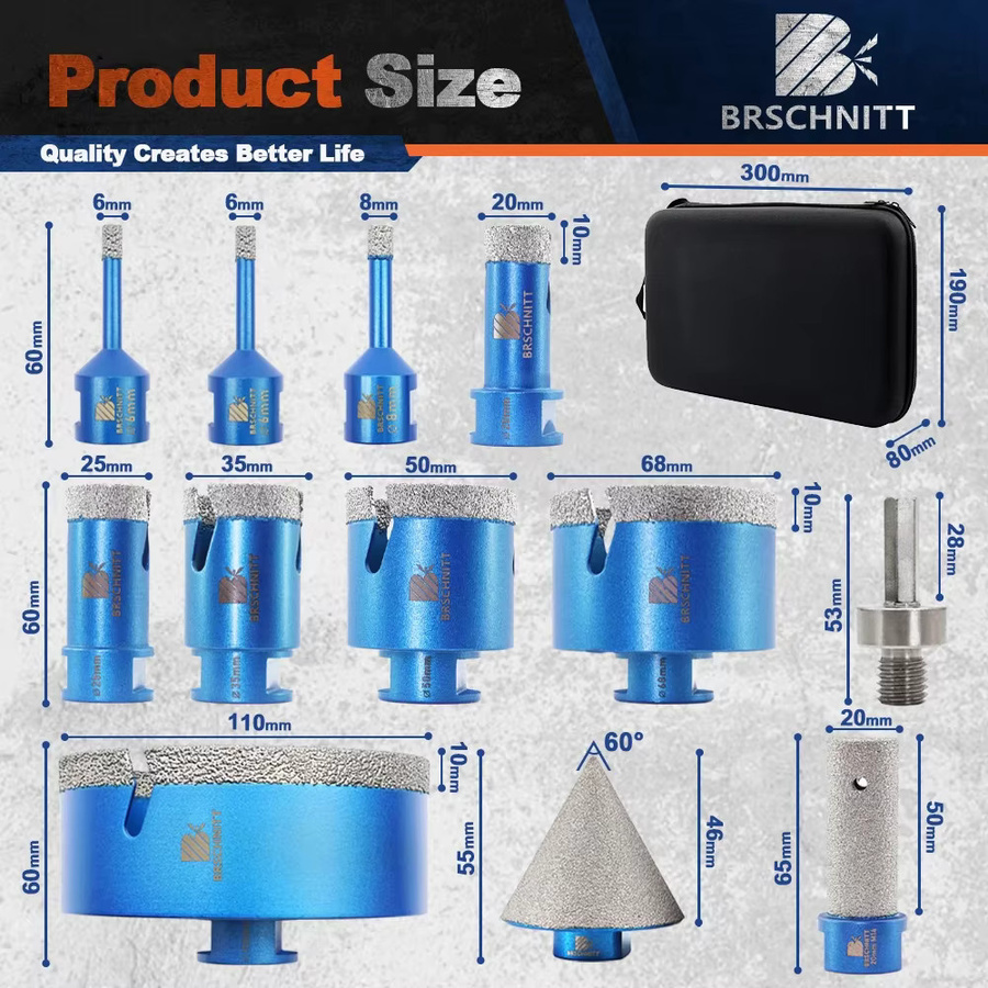 BRSCHNITT Diamantbohrer Set mit Fasenfräser und 125mm Trennscheiben für Fliesen, Granit, Marmor und Stein in Blau - Bild 3