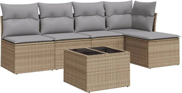 vidaXL 6-teilige Garten-Sofagarnitur in L-Form aus Poly-Rattan mit Kissen in Beige-Grau - Bild 1