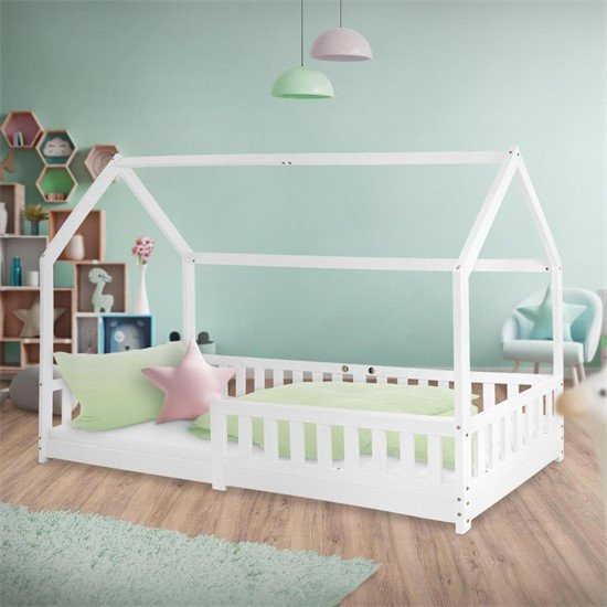 ML-Design Kinderbett Hausbett aus Kiefernholz mit Dach und Rausfallschutz, Weiß, B/T/H: 90 x 200 x 142 cm - Bild 1