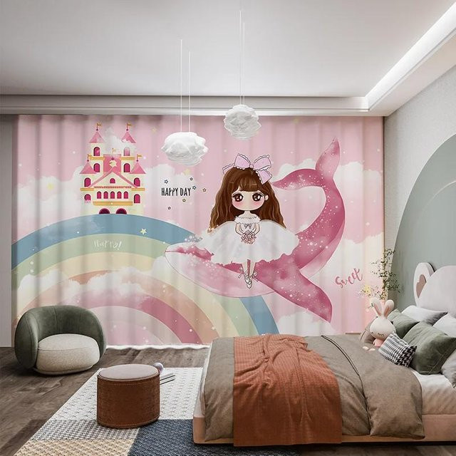 Verdunkelungsvorhänge für das Kinderzimmer von Yiran Furniture mit Cartoon Schloss Einhorn Regenbogen Motiv in Rosa und Mehrfarbig, B: 55 cm, H: 120 cm, 2er-Set inklusive Haken - Bild 1