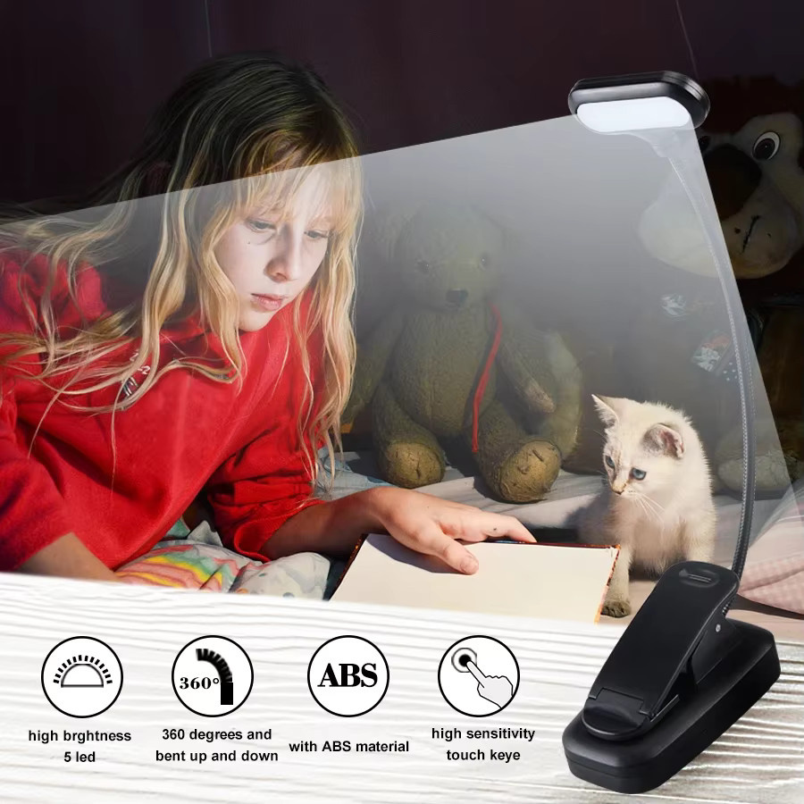 ATcomm LED Clip-On Buchlampe Schwarz, Einstellbares Nachtlicht mit Touch-Funktion, Batteriebetrieben und Flexibler Leselampe für das Schlafzimmer - Bild 5