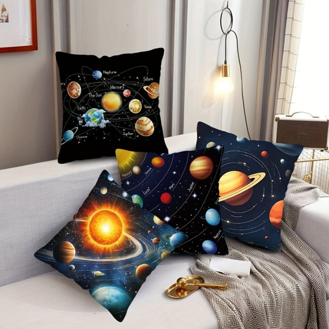 VIKAMA Planeten-Kissenbezug mit Sonnensystem-Motiv und Sternenhimmel in Schwarz, B/B: 30 x 30 cm - Bild 1