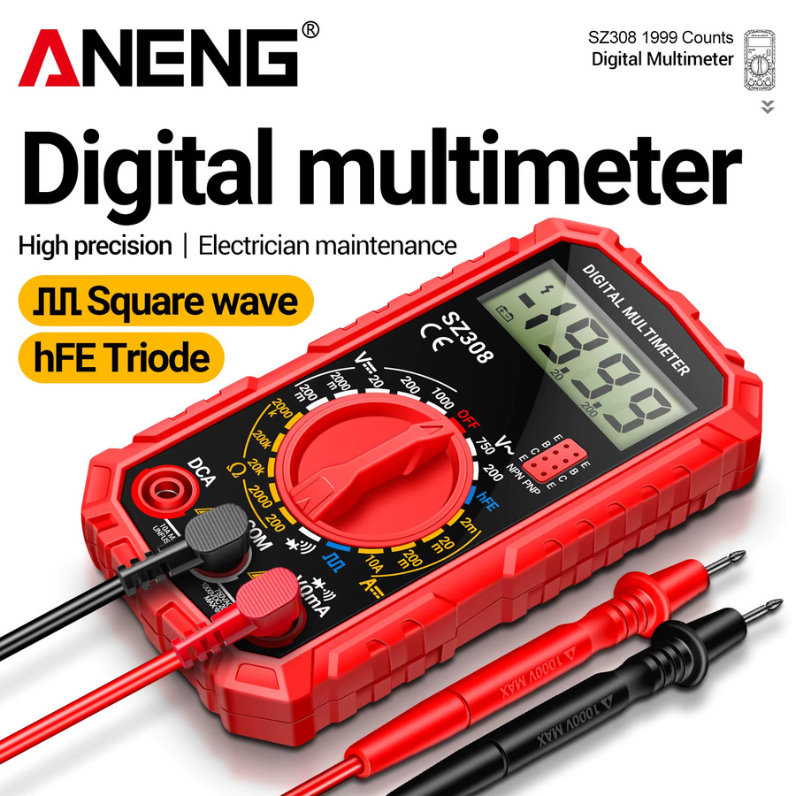 ANENG SZ308 Digitales Multimeter in Schwarz und Rot für AC/DC-Spannung, Strom, Widerstand, HFE, Triode, Diode, Buzzer und Rechteckwellenmessung - Bild 2