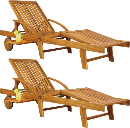 CASARIA 2er-Set Gartenliege aus Akazienholz in Braun mit Ausziehtisch und Rollen
