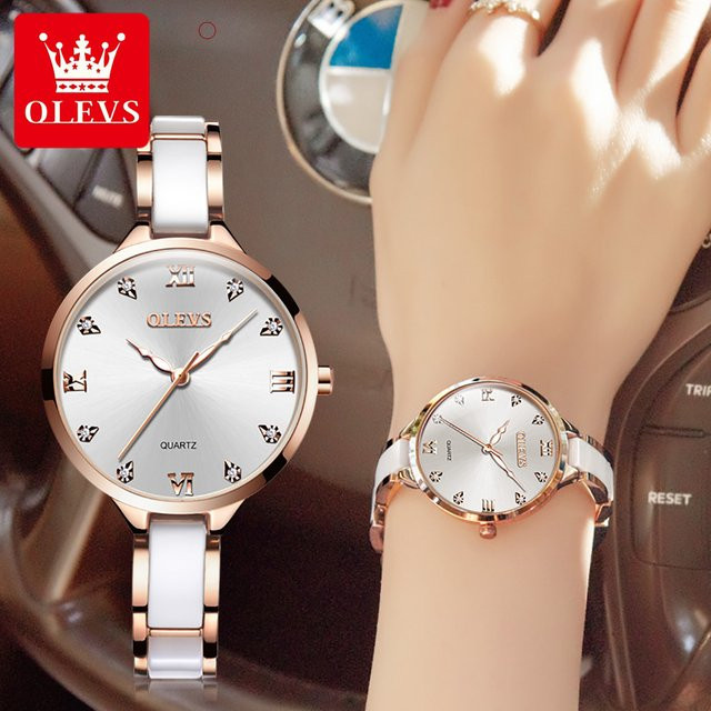 OLEVS Armbanduhr, Quarz, Keramik, Edelstahl, Weiß, Damen - Bild 1