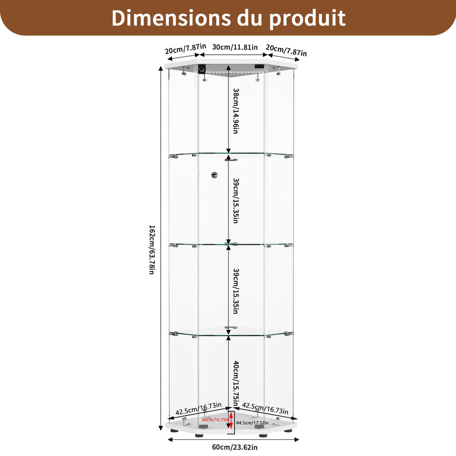 Rosahqnda Eck-Glasvitrine mit LED-Beleuchtung, moderne stehende Ausstellungsvitrine mit Glastüren in Schwarz und Transparent - Bild 3