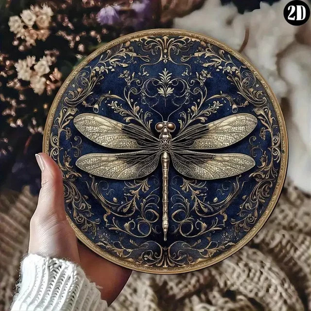 Potdemiel Runde Vintage-Wanddekoration aus Metall mit Libelle und Blumen, Durchmesser: 20 cm - Bild 1