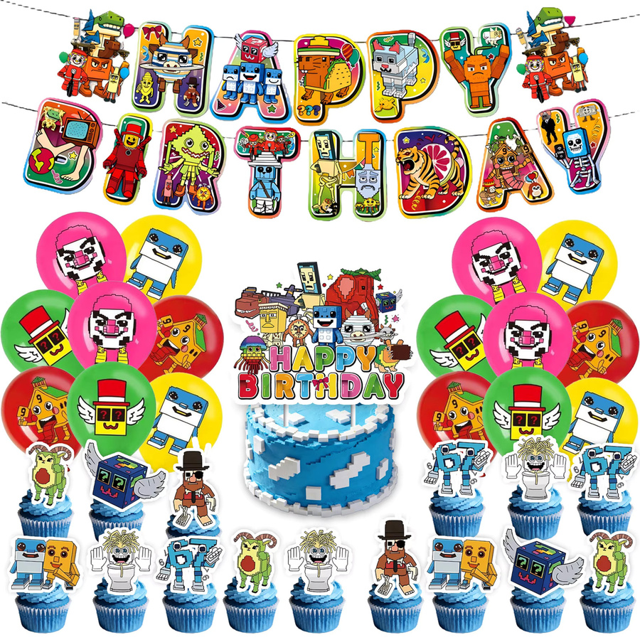 Potdemiel Brainrots Geburtstagsparty-Dekorationsset in Mehrfarbig mit Tischdecke, Ballons, Kuchenaufsatz und Hintergrund für Kinder und Babypartys - Bild 4