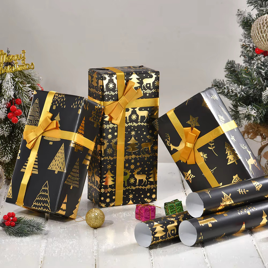 Schwarzgoldenes Weihnachtsgeschenkpapier mit Schneeflocken und Weihnachtsbaum, B/H: 50 x 70 cm - Bild 3