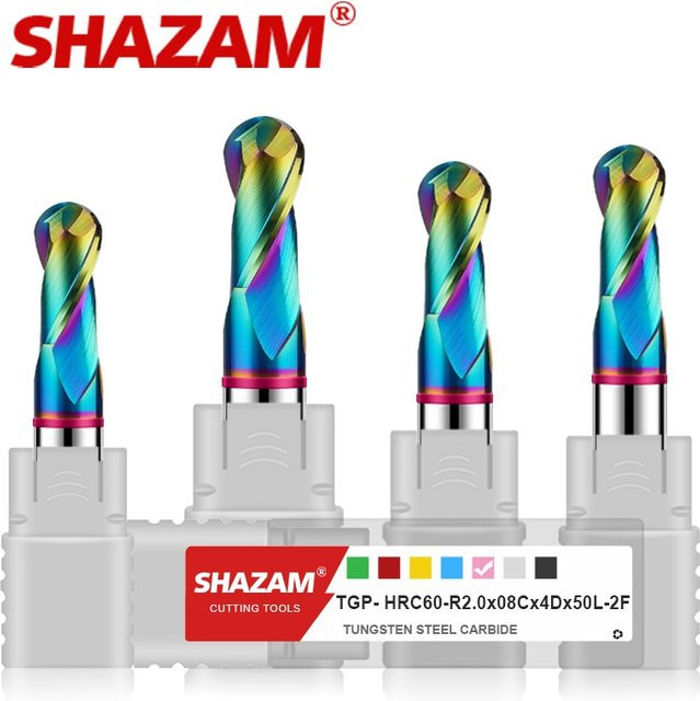 Shazam TGP-HRC60 2-Flöten-Kugelkopf-Endfräser mit DLC-Beschichtung aus Wolframstahl-Karbid in Mehrfarbig für die CNC-Bearbeitung - Bild 1