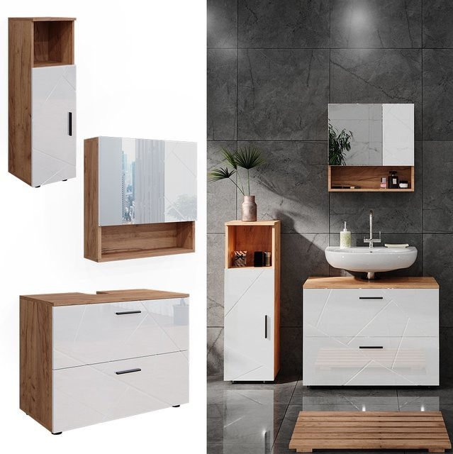 Vicco Badmöbelset Irma in Eiche und Weiß Hochglanz, modernes 3-teiliges Badezimmer-Set mit Spiegelschrank und Midischrank - Bild 1