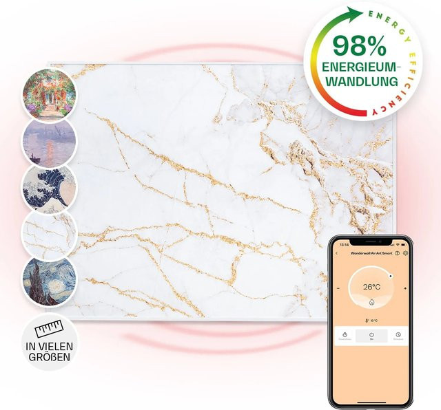 Klarstein Wonderwall Air Art Smart Infrarotheizung mit App-Steuerung und Marmor-Motiv in Weiß, B: 80 cm, H: 60 cm, 500 W - Bild 1