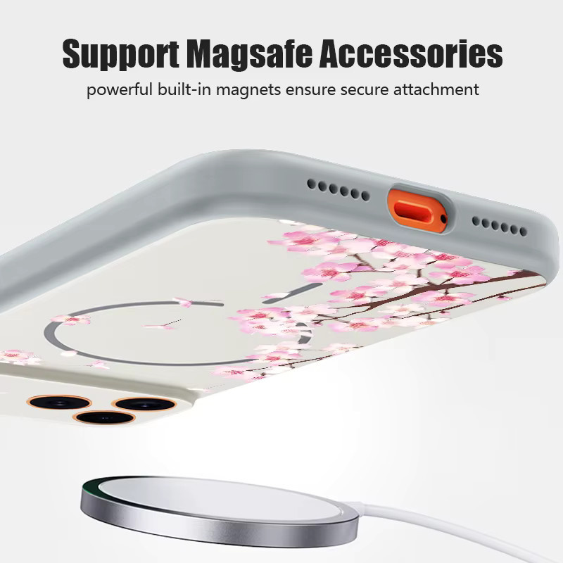 YISHANGOU Magnetische Handyhülle mit Pfirsichblütenmuster für iPhone 17 Pro Max 16 15 14 13 Pro Max mit MagSafe Wireless Charging Unterstützung aus hartem PC in Blau und Multicolour - Bild 2