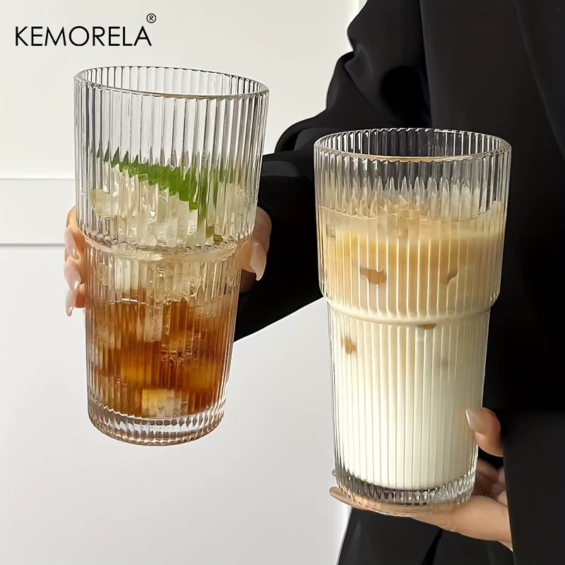 KEMORELA Streifen-Glas-Kaffeetasse mit Deckel und Strohhalm, transparentes Trinkglas für Saft und Eiskaffee, 600 ml - Bild 3