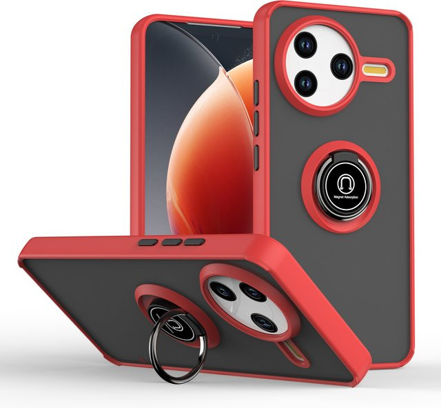Stoßfeste Silikon-Handyhülle mit Metallring-Halter für Xiaomi Poco F7 Pro in Schwarz oder Rot - Bild 1