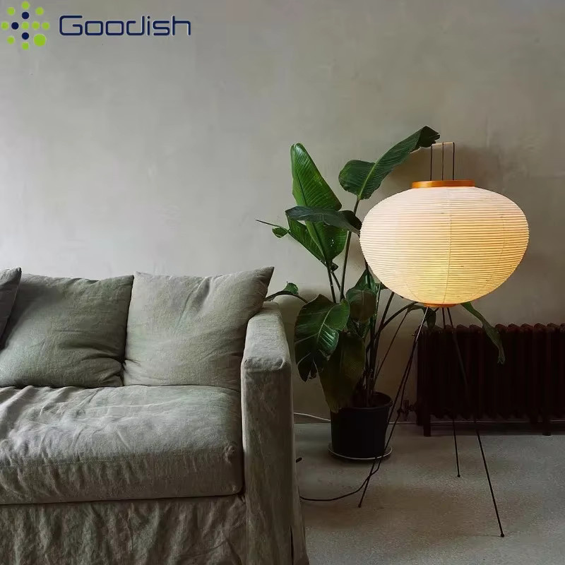 Japanische Wabi-Sabi Retro LED-Stehlampe aus Reispapier und Metall in Weiß oder Schwarz für dein Schlafzimmer - Bild 1
