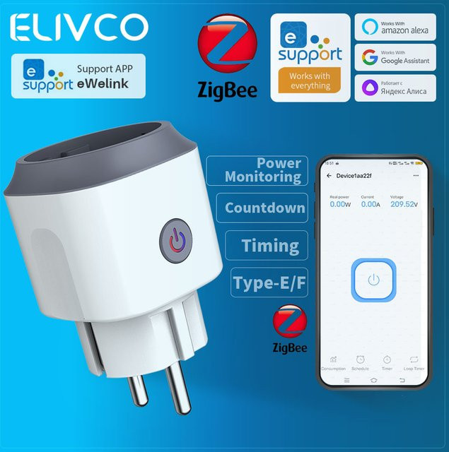 Elivco eWelink Smart Plug 16A Zigbee-Steckdose in Weiß mit Zeitsteuerung, Countdown und Leistungsüberwachung, kompatibel mit Google Assistant, Alexa, Alice und Salute - Bild 1